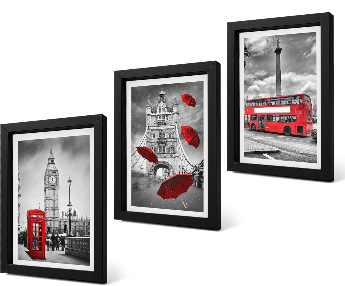 Coloray 4-Delige Schilderij Set - Uitzicht op Londen met een rode paraplu en een bus. - 20 x 30 cm - Wanddecoratie - Muurdecoratie - Moderne Interieurdecoratie - Decoratieve Schilderijen