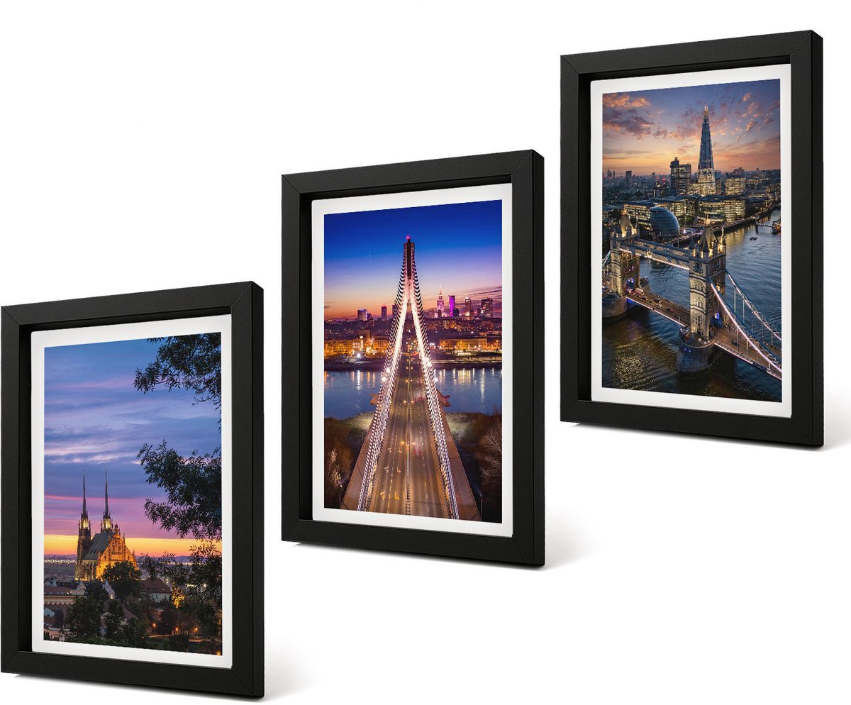 Coloray 4-Delige Schilderij Set - Stadsgezichten met bruggen en zonsondergangen - 20 x 30 cm - Muurdecoratie - Wanddecoratie - Slaapkamer Zwarte lijst