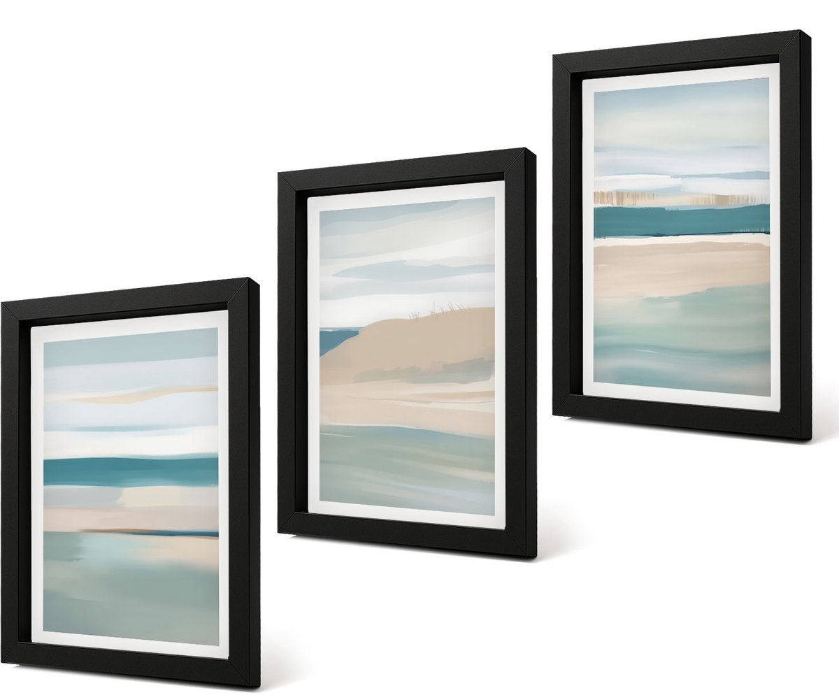 Coloray 4-Delige Schilderij Set - Abstracte landschappen in tinten blauw en beige. - 20 x 30 cm - Muurdecoratie - Schilderijen Set - Woonkamer - Moderne Wanddecoratie