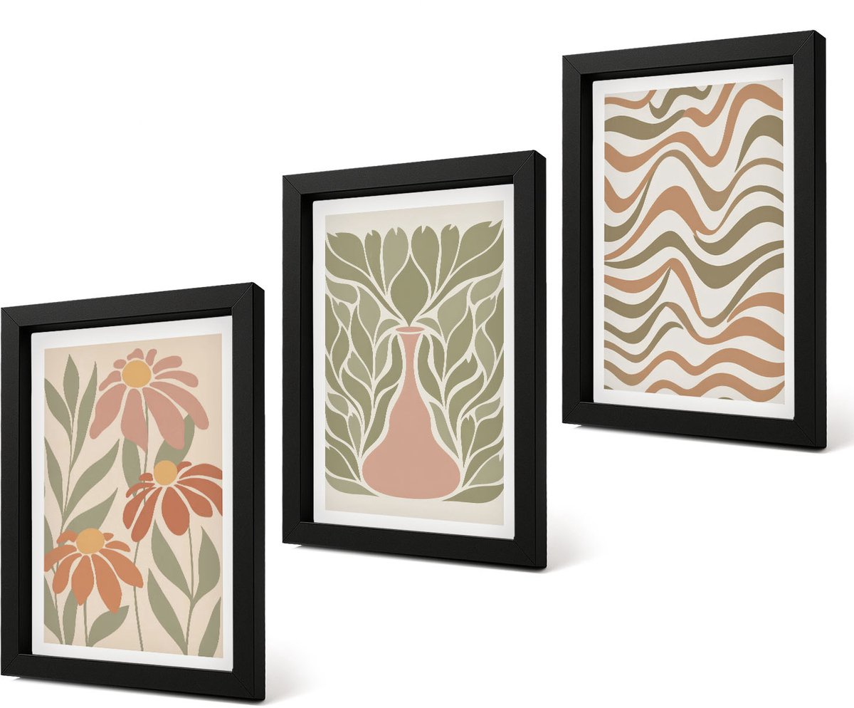 Coloray 4-Delige Schilderij Set - Pastelkleurige bloemenillustraties met golvende abstracte lijnen - 20 x 30 cm - Stijlvolle Muurdecoratie - Kantoor - Moderne Wanddecoratie
