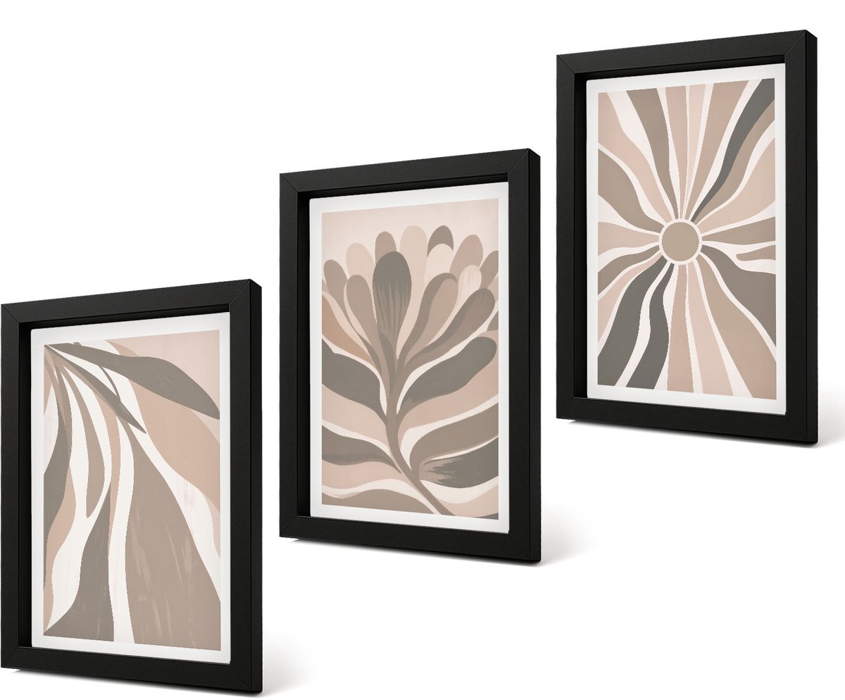 Coloray 4-Delige Schilderij Set - Abstracte plantpatronen in beige en bruine tinten. - 20 x 30 cm - Wanddecoratie - Muurdecoratie - Moderne Interieurdecoratie - Decoratieve Schilderijen