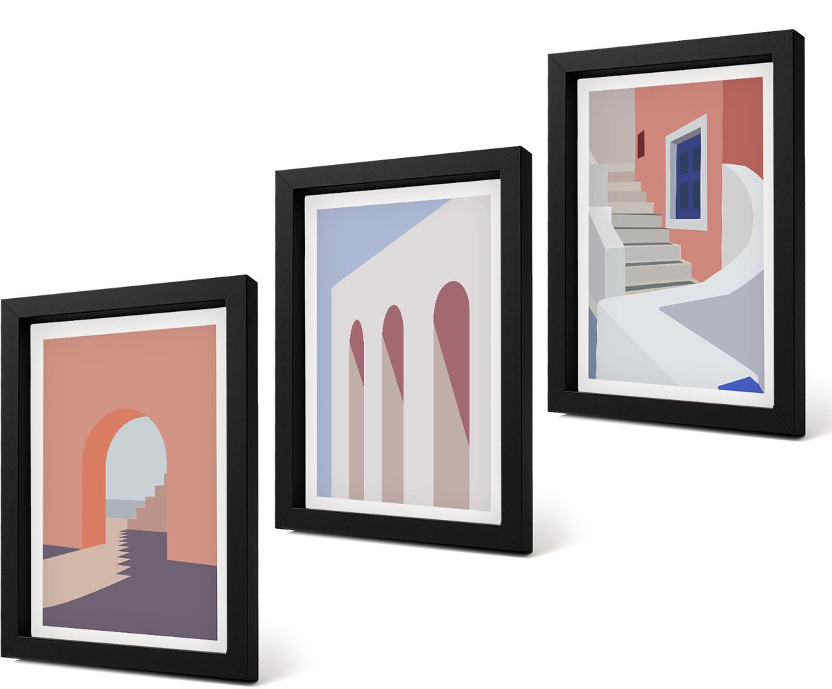Coloray 4-Delige Schilderij Set - Illustraties van stedelijke architectuur in minimalistische stijl - 20 x 30 cm - Muurdecoratie - Wanddecoratie - Hal