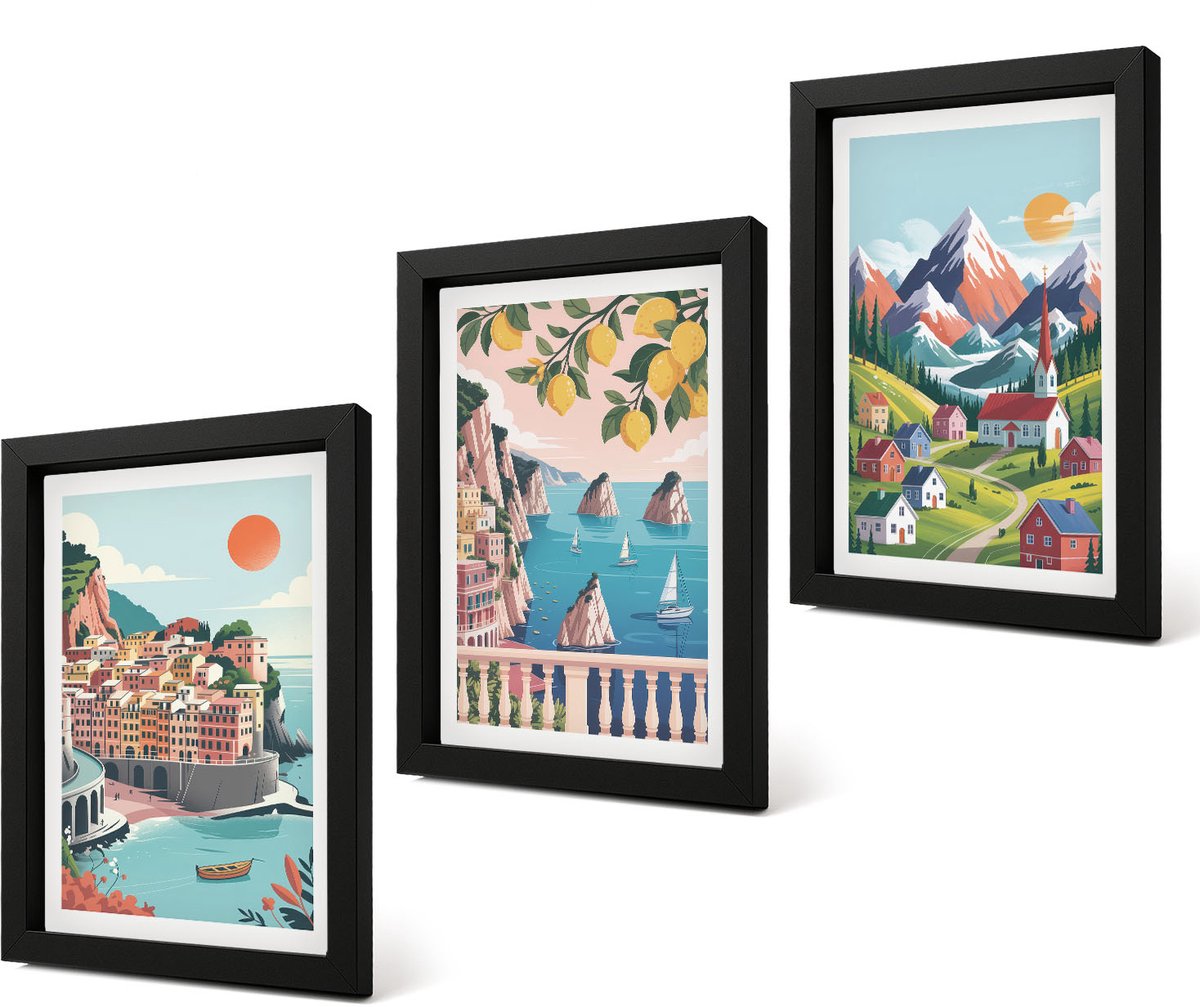 Coloray 4-Delige Schilderij Set - Kleurrijke berglandschappen en kuststeden - 20 x 30 cm - Muurdecoratie - Schilderijen Set - Woonkamer - Decoratieve Schilderijen