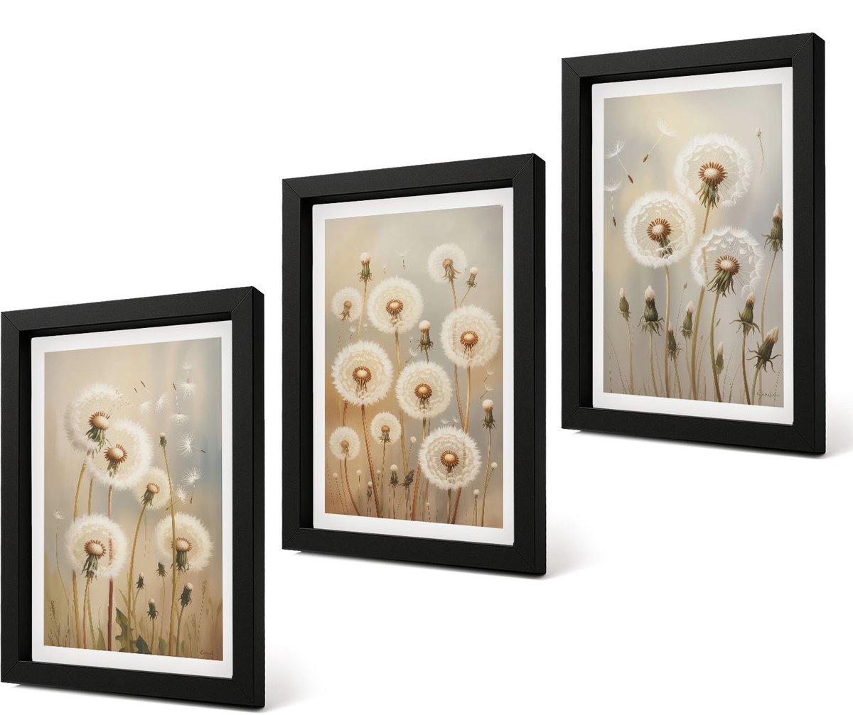 Coloray 4-Delige Schilderij Set - Witte paardenbloemen op een achtergrond van lichte kleuren. - 20 x 30 cm - Muurdecoratie - Interieur Decoratie - Stijlvolle Muurdecoratie