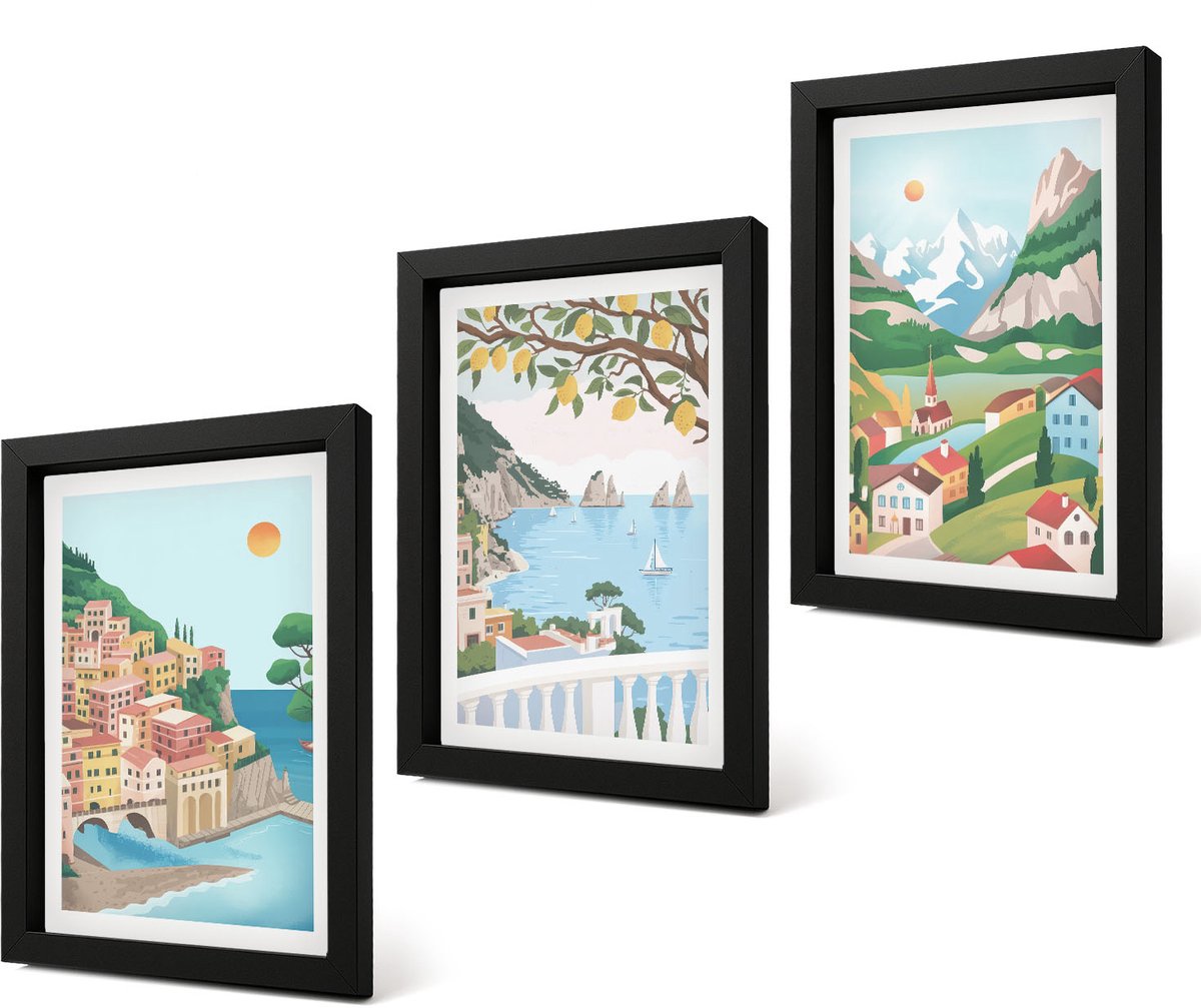 Coloray 4-Delige Schilderij Set - Uitzicht op zee met pastelkleurige huizen - 20 x 30 cm - Wanddecoratie - Moderne Interieurdecoratie - Stijlvolle Muurdecoratie