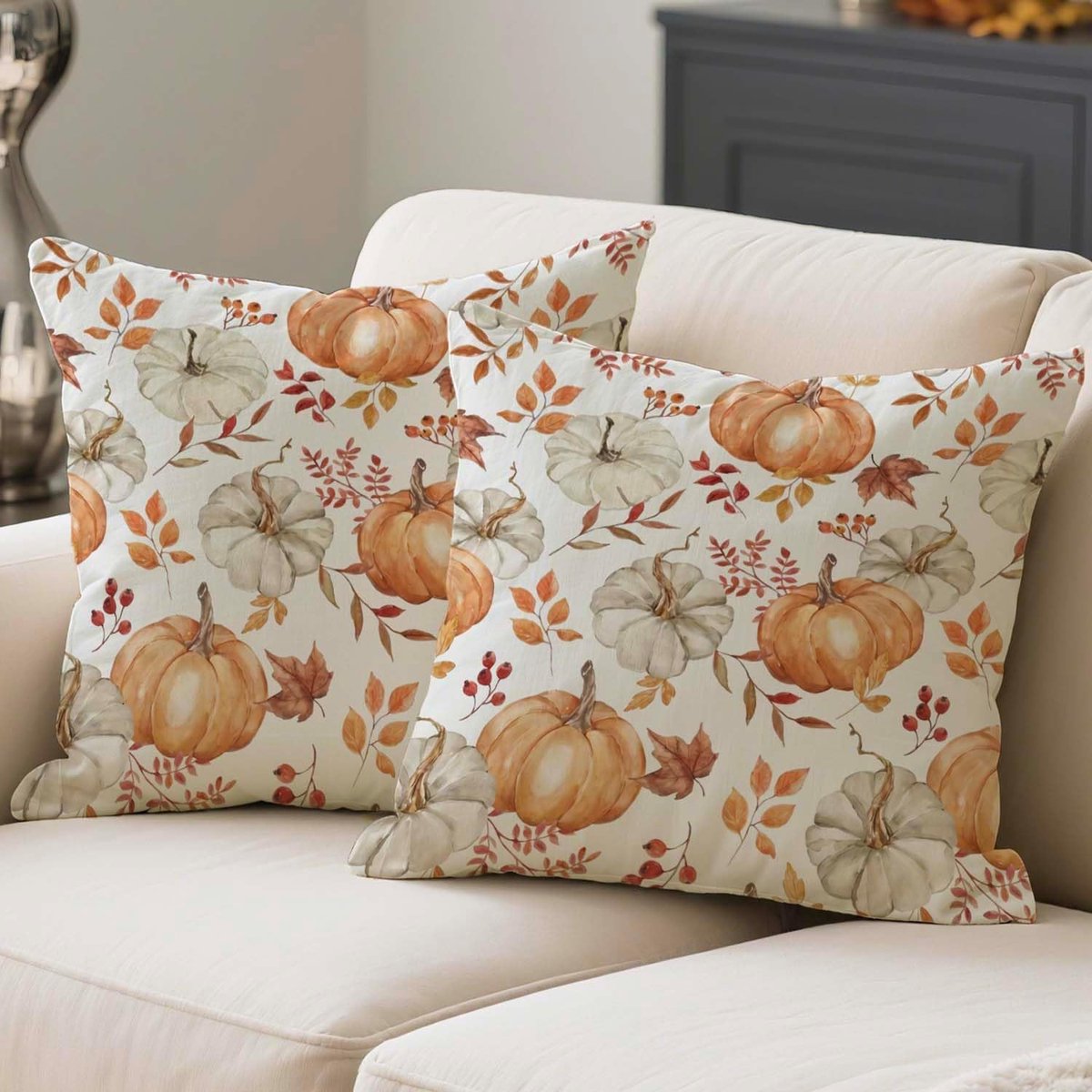 Kussenslopen voor bank, 40 x 40 cm, herfstdecoratie, pompoen en esdoornbladeren, oranje en beige, herfstdecoratie, set - ShopVlot