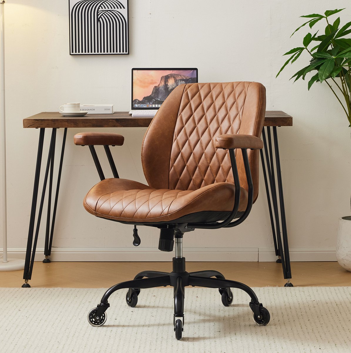 STILVORA Bureaustoel 62 x 62 x 96 cm Verstelbare Zithoogte en Kantelfunctie Voor Thuis En Kantoor Leer Bruin