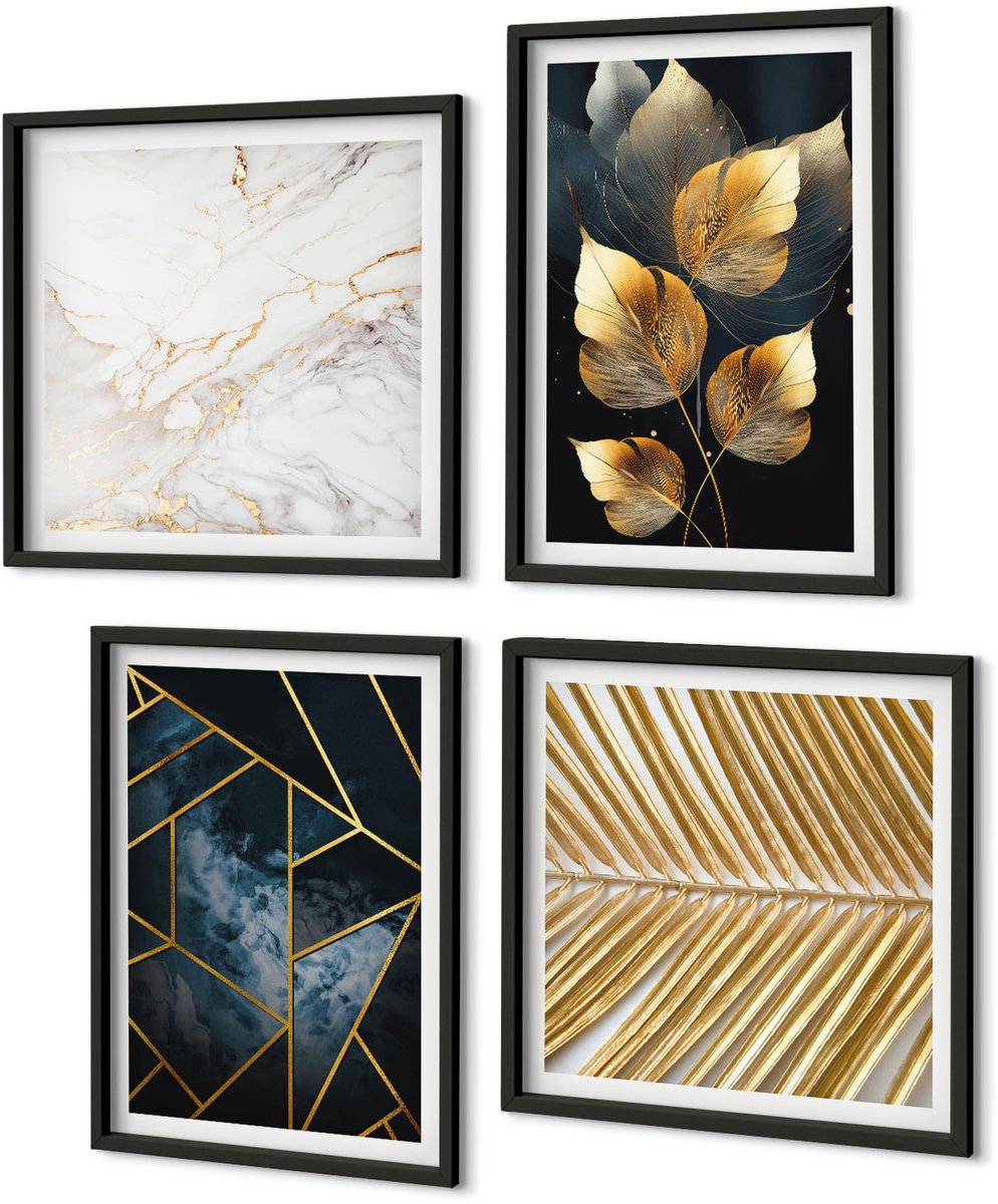 Coloray 4-Delige Schilderij Set - Moderne Geometrische Patronen En Natuurlijke Plantmotieven - 40 x 40 cm En 40 x 60 cm - Muurdecoratie - Decoratieve Schilderijen - Wohnzimmer - Woonkamer Decoratie Zwarte lijst