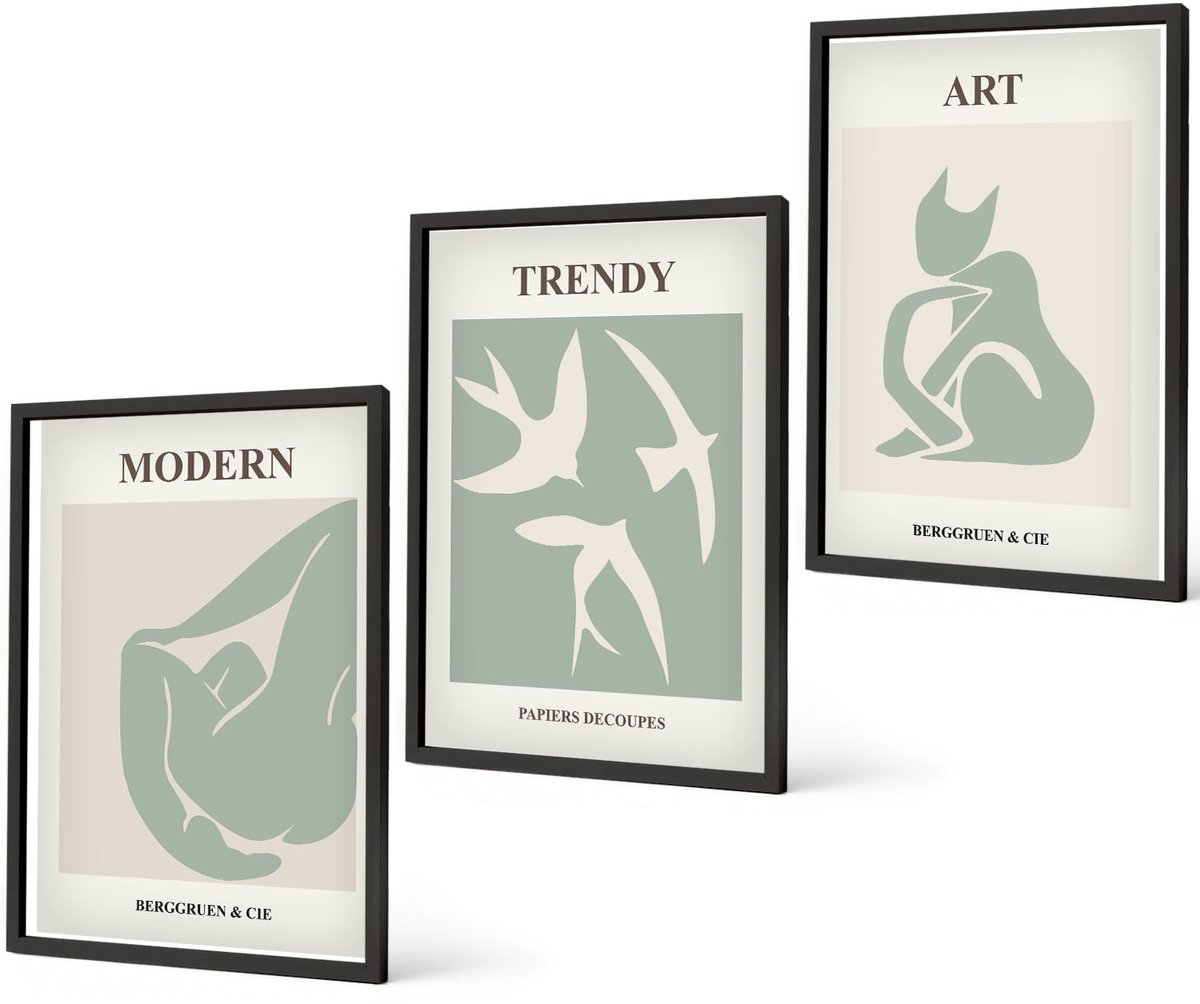 Coloray 3-Delige Schilderij Set - Abstracte Figuren Van Henri Matisse In Ingetogen Kleuren. - 40 x 60 cm - Wanddecoratie - Moderne Interieurdecoratie - Moderne Wanddecoratie