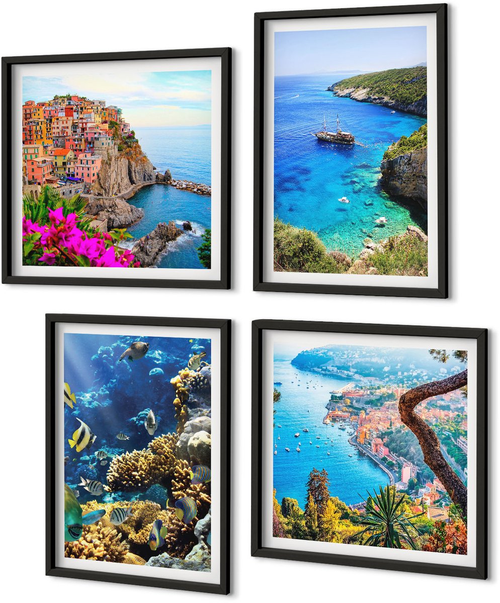 Coloray 4-Delige Schilderij Set - Uitzicht Op Zee Met Kleurrijke Huizen En Een Koraalrif. - 40 x 40 cm En 40 x 60 cm - Decoratieve Schilderijen - Wanddecoratie - Hal Zwarte lijst