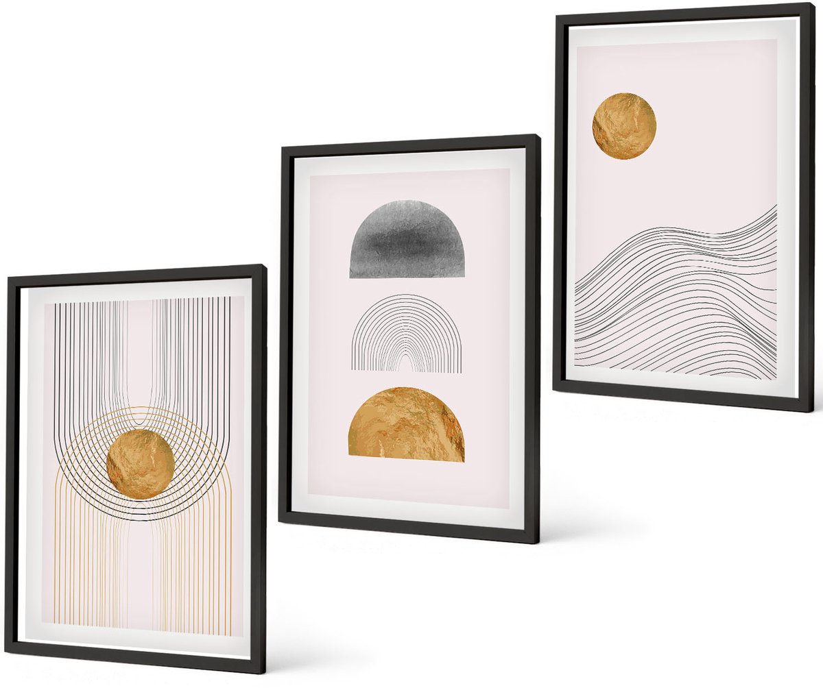 Coloray 3-Delige Schilderij Set - Abstracte Vormen En Lijnen In Beige En Grijze Tinten. - 40 x 60 cm - Decoratieve Muurdecoratie - Slaapkamer - Interieur Decoratie
