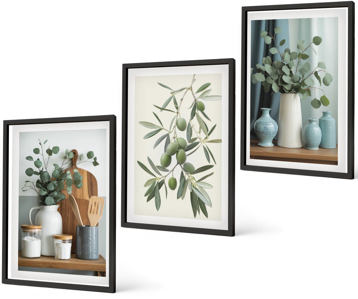 Coloray 3-Delige Schilderij Set - Esthetisch Aantrekkelijke Combinatie Van Groene Olijven En Eucalyptustakken - 40 x 60 cm - Decoratieve Muurdecoratie - Slaapkamer - Woonkamer Decoratie