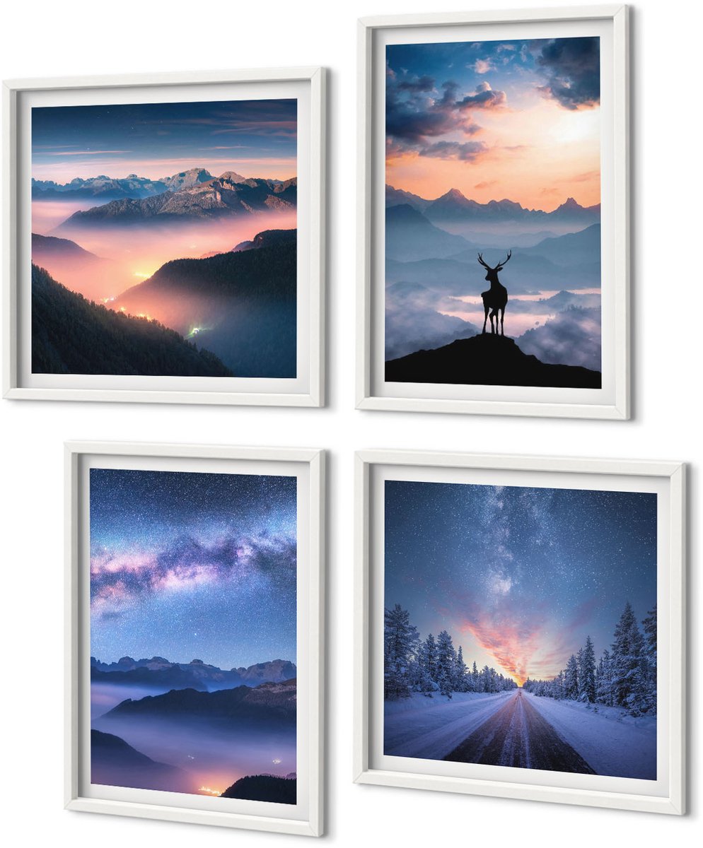 Coloray 4-Delige Schilderij Set - Nachtelijke Hemel, Berglandschappen In De Mist En Herten - 40 x 40 En 40 x 60 - Muurdecoratie - Decoratieve Schilderijen - Wohnzimmer