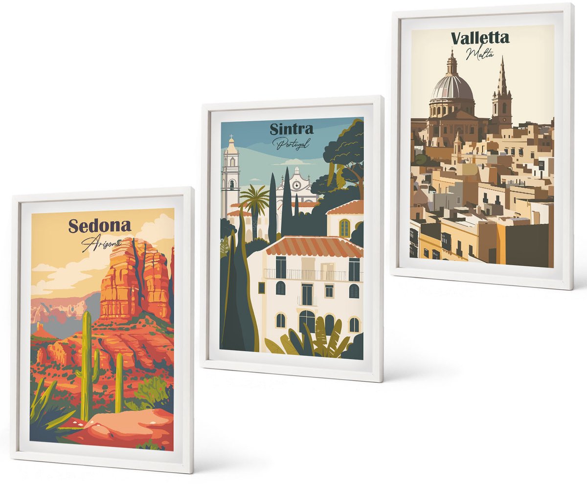 Coloray 3-Delige Schilderij Set - Stadsgezichten In Retrostijl Van Sedona, Sintra En Valletta - 40 x 60 - Wanddecoratie - Schilderijen Set - Kantoor - Decoratieve Schilderijen