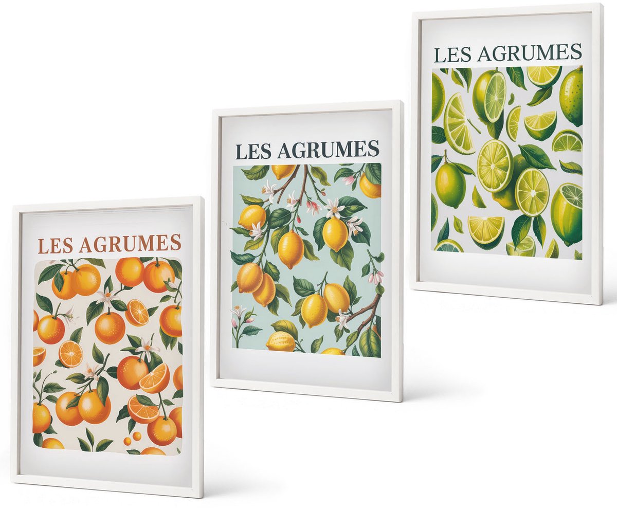 Coloray 3-Delige Schilderij Set - Fruitige Citruspatronen In Pastelkleuren - 40 x 60 - Muurdecoratie - Wanddecoratie - Slaapkamer - Decoratieve Schilderijen Witte lijst