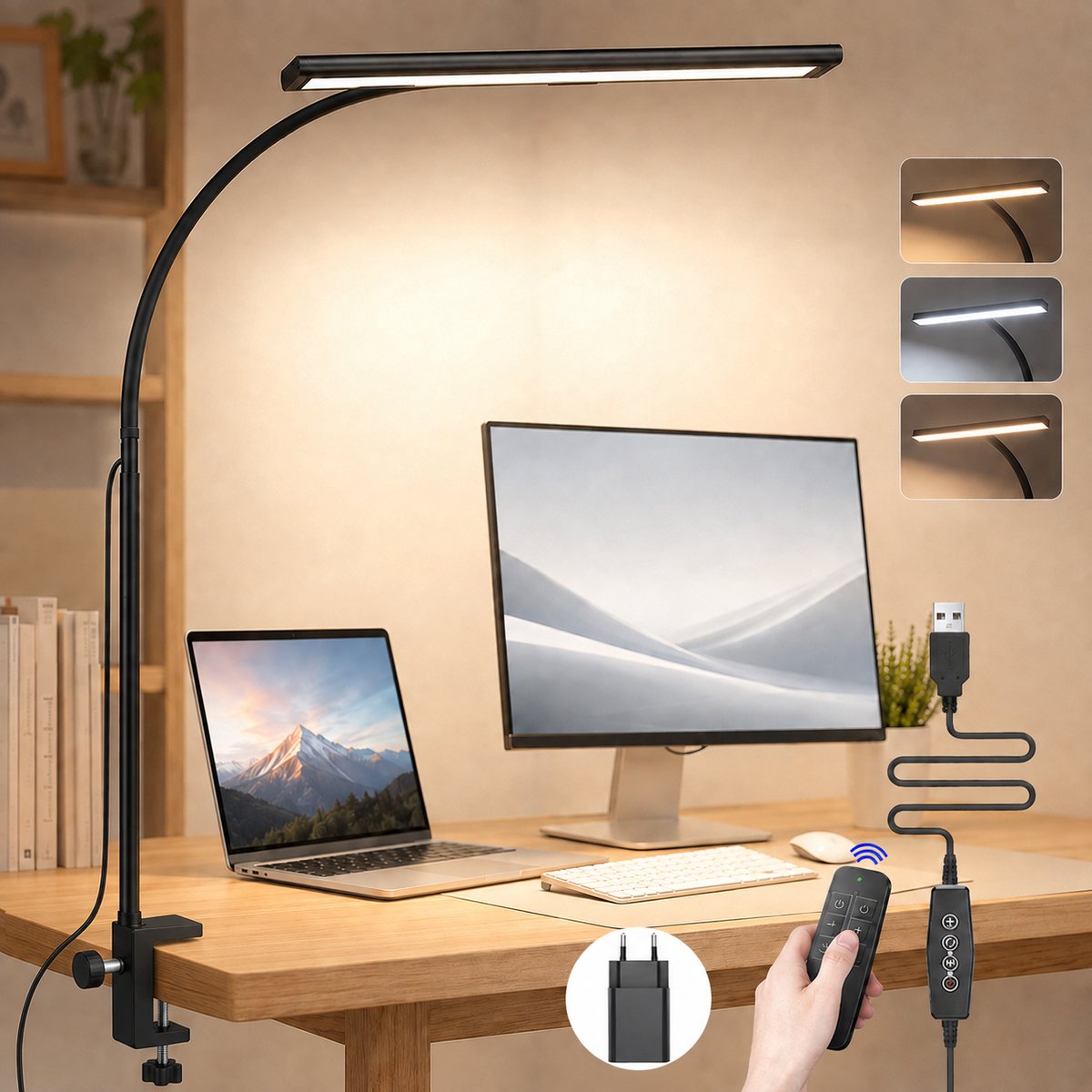 MUPOO Bureaulamp LED Dimbaar met Klem - Leeslamp met Afstandsbediening & 70 cm 360° Flexibele Zwanenhals - 3 Lichtkleuren & 5 Helderheidsstanden - 1U Timer - Werklamp voor Kantoor, Studie, Handwerk en Thuiswerk - Met Stekker