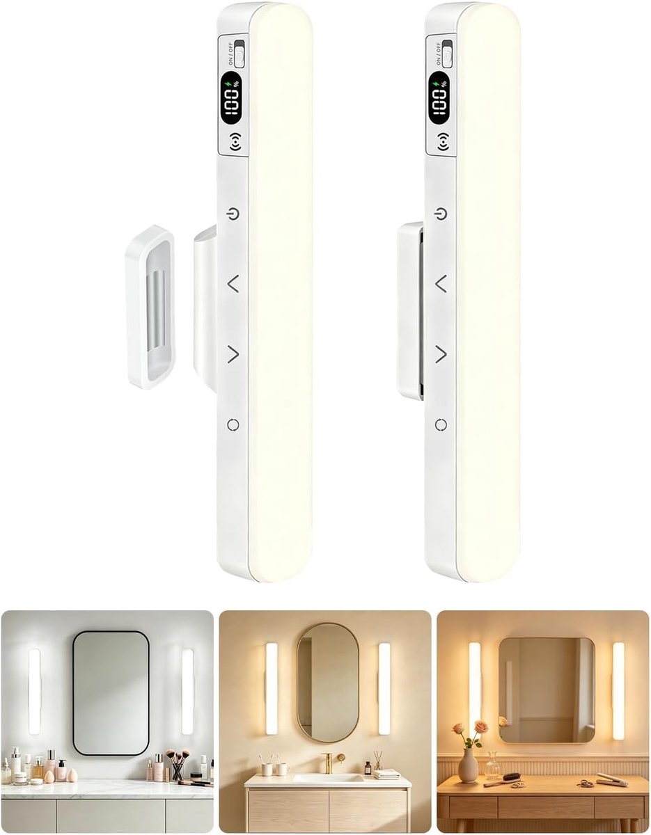 KZQ Set van 2 oplaadbare make-Uplamp - Wandlamp - Tafellamp - Met batterij-Indicator - Afstandsbediening - 5 instelbare kleurtemperaturen - Magnetische bevestiging - Geschikt voor kaptafels, slaapkamers, studeerkamers en badkamers.