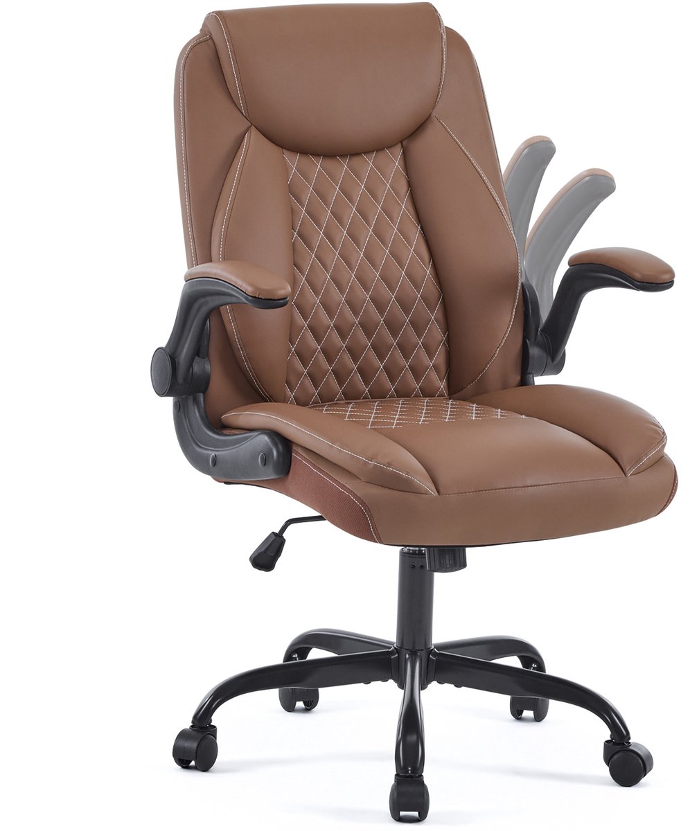 Bureaustoel Ergonomisch 64 X 64 X 102 Cm Met Hoofdsteun Opklapbare Armleuningen Wielen Leer Bruin