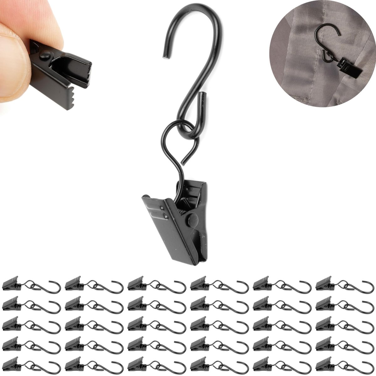 Gordijnclips met S-Haak, 30 stuks, in Zwart, met Ø 13 mm haakoog, 60 mm lange gordijnhaken, gordijnclips met S haak - ShopVlot