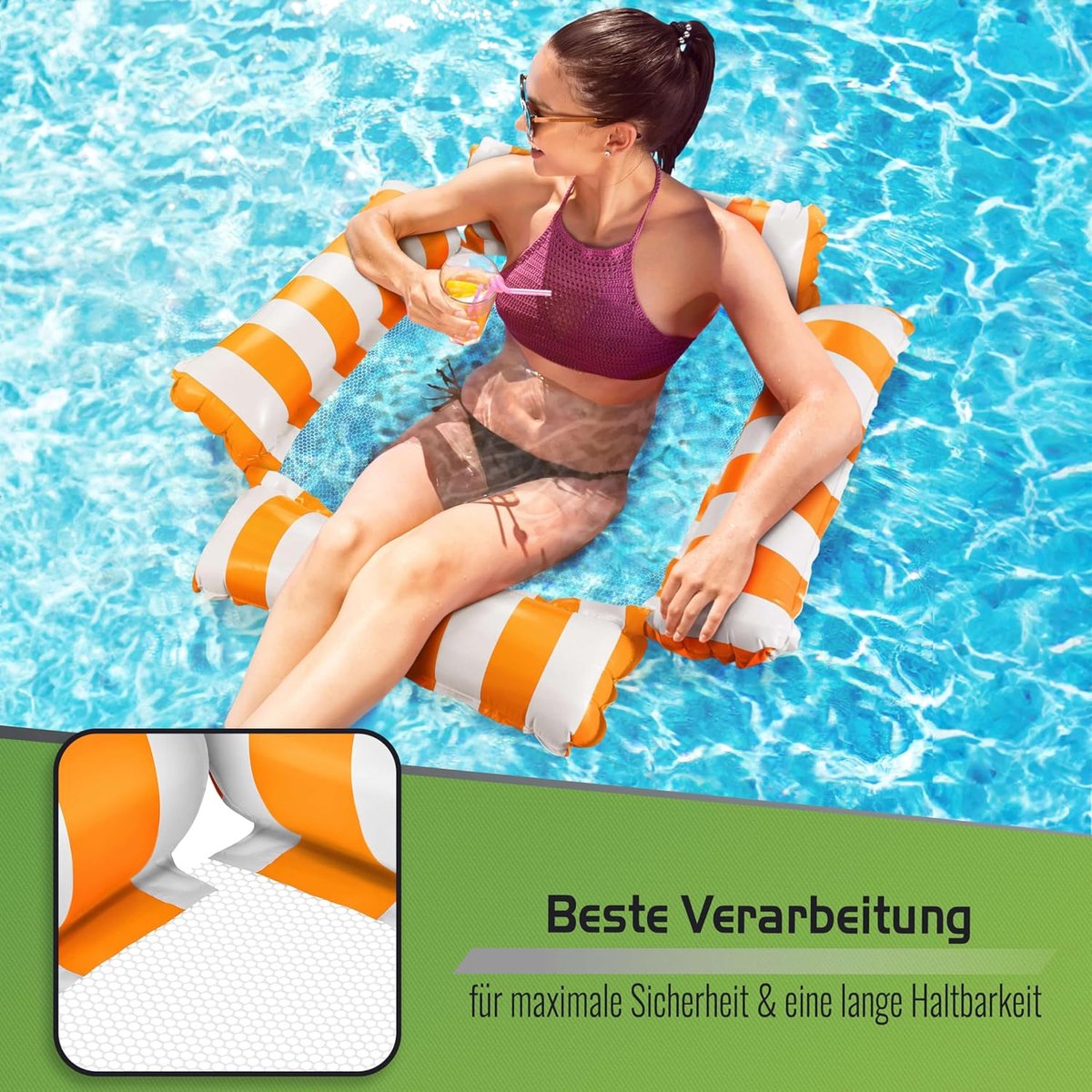 Balinco – Opblaasbare waterhangmat, zwemstoel met 4 luchtkamers en nylon net voor zwembad, drijvend luchtmatras - ShopVlot