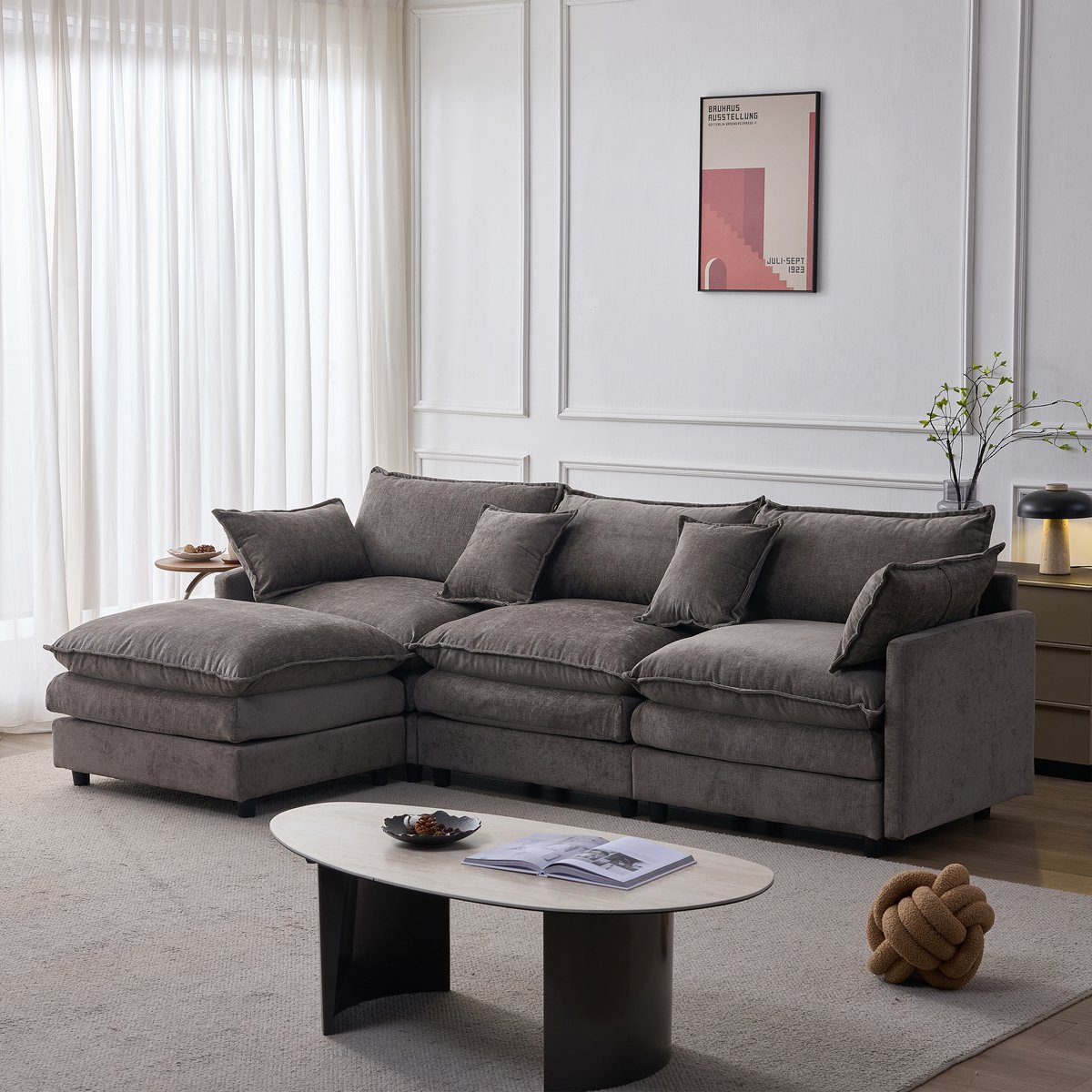 Modulaire chenille hoekbank met chaise longue en hocker - 3-zits - Grijs - Modulair met beweegbare hocker - Zachte springkern vulling - Eenvoudig te monteren