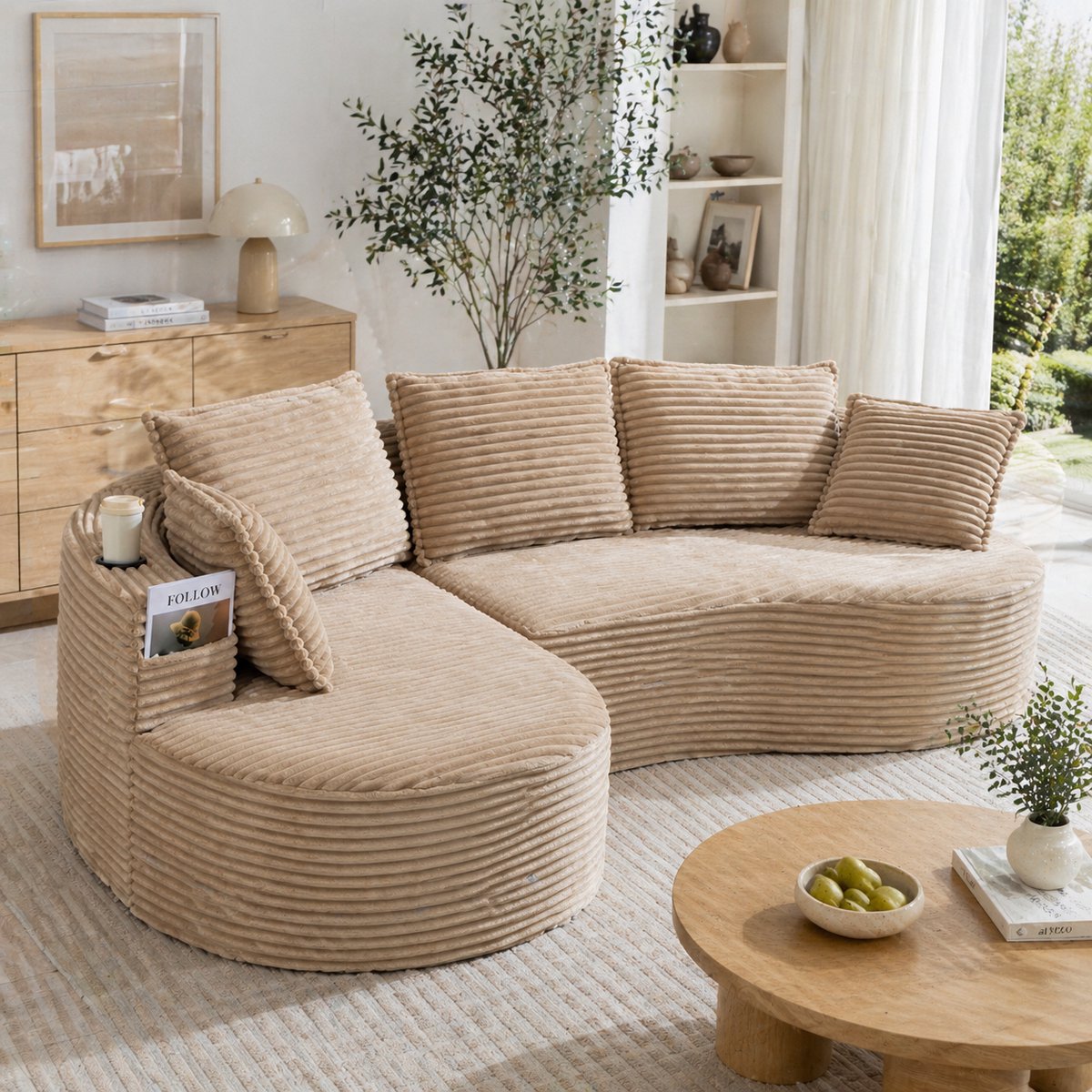 Ribfluweel bogesofa met bekerhouder en opbergvak - Geschikt voor elke woonkamer - 2 zitplaatsen - Grijs - Hoogwaardig schuim en springkern voor vormvast comfort - Inclusief kussen en gecomprimeerd geleverd