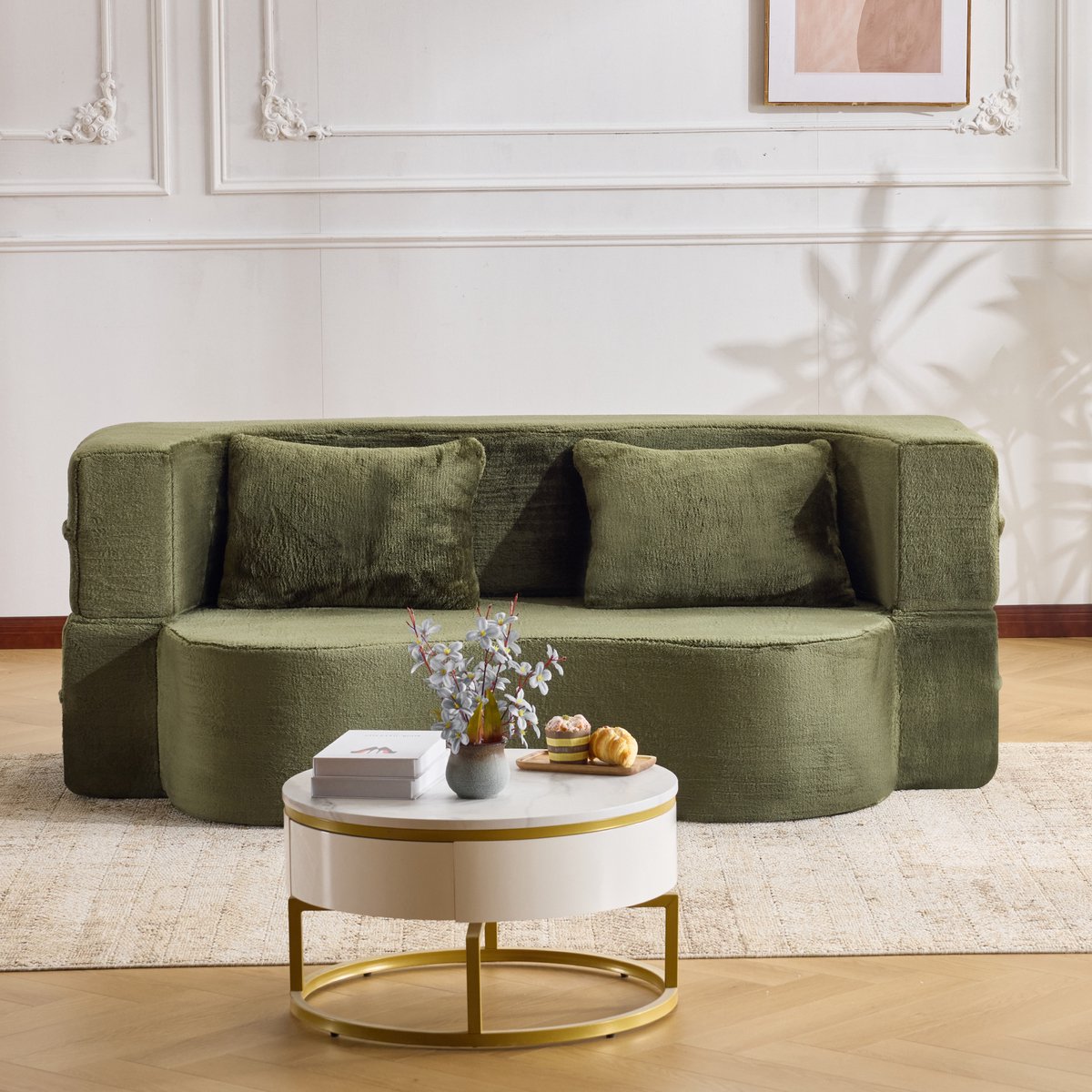 Opvouwbare futon slaapbank - Geschikt voor woonkamer, slaapkamer en logés - 2 personen - Groen pluche - Montagevrij en compact opvouwbaar - Hoogdichtheidschuim vulling - Zachte, huidvriendelijke stof