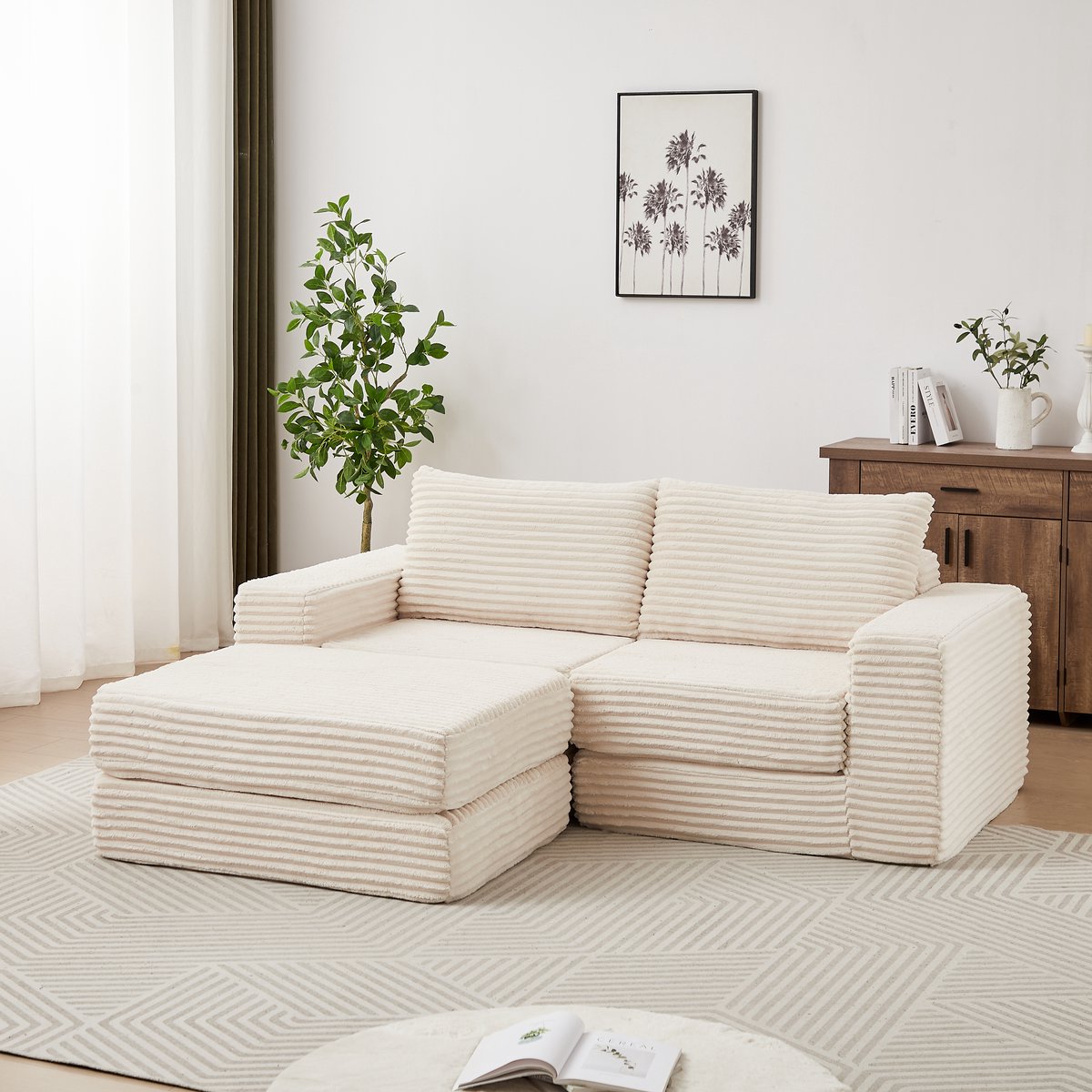 Corduroy slaapbank 2-in-1 - modulair omvormbaar tot bed - 2 personen - afneembare voetenbank - klassieke armleuningen - antislip basis - incl. 2 kussens