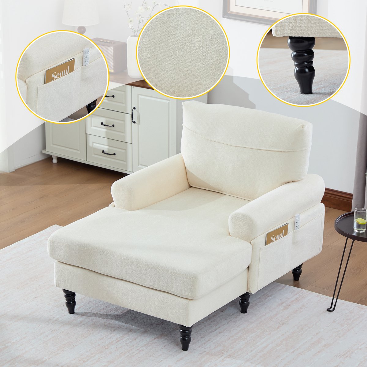 Chenille fauteuil met zijvakken - Voor woonkamer, slaapkamer en leeshoek - 1 persoon - Beige - Extra brede zitting en massief houten poten - Afritsbare en wasbare kussenhoezen - Ergonomische ondersteuning