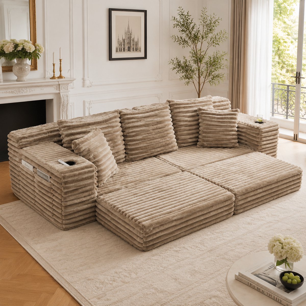 Corduroy compressiesofa met hoge rugleuning en bekerhouders - Geschikt als slaapbank voor woonkamer en logés - 2-3 personen - Khaki - Inclusief extra kussens en zijvakken aan beide zijden - Ademend en modulair