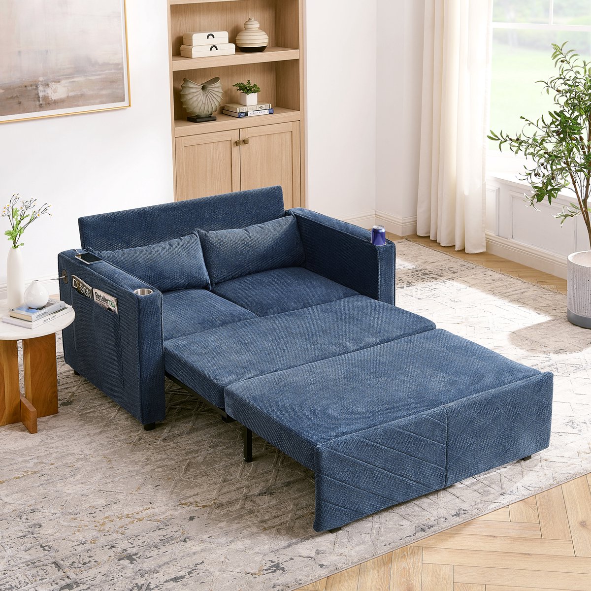 3-in-1 slaapbank met schuif-naar-bed design - 2 zitplaatsen - Marineblauw - USB-oplaadpoorten - Minimalistisch design - Hoogwaardige elastische vulling