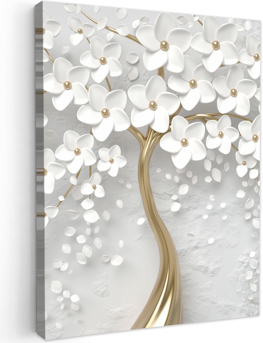 Famanu – Canvas schilderij 50 x 70 cm, kamerdecoratie voor woonkamer en slaapkamer, boom en bloem in wit en goud