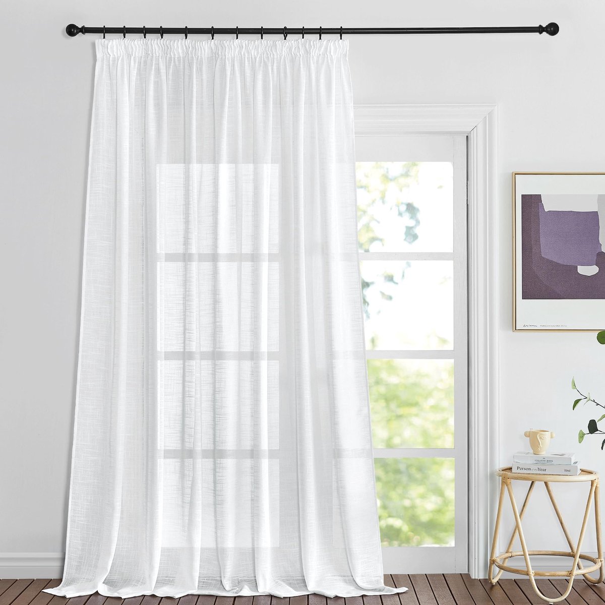 Famanu Linnen gordijn met plooiband, kort, extra brede gordijnen, woonkamer, set van 1, 160 x 280 cm (h x b), linnenlook, half-transparant, wit