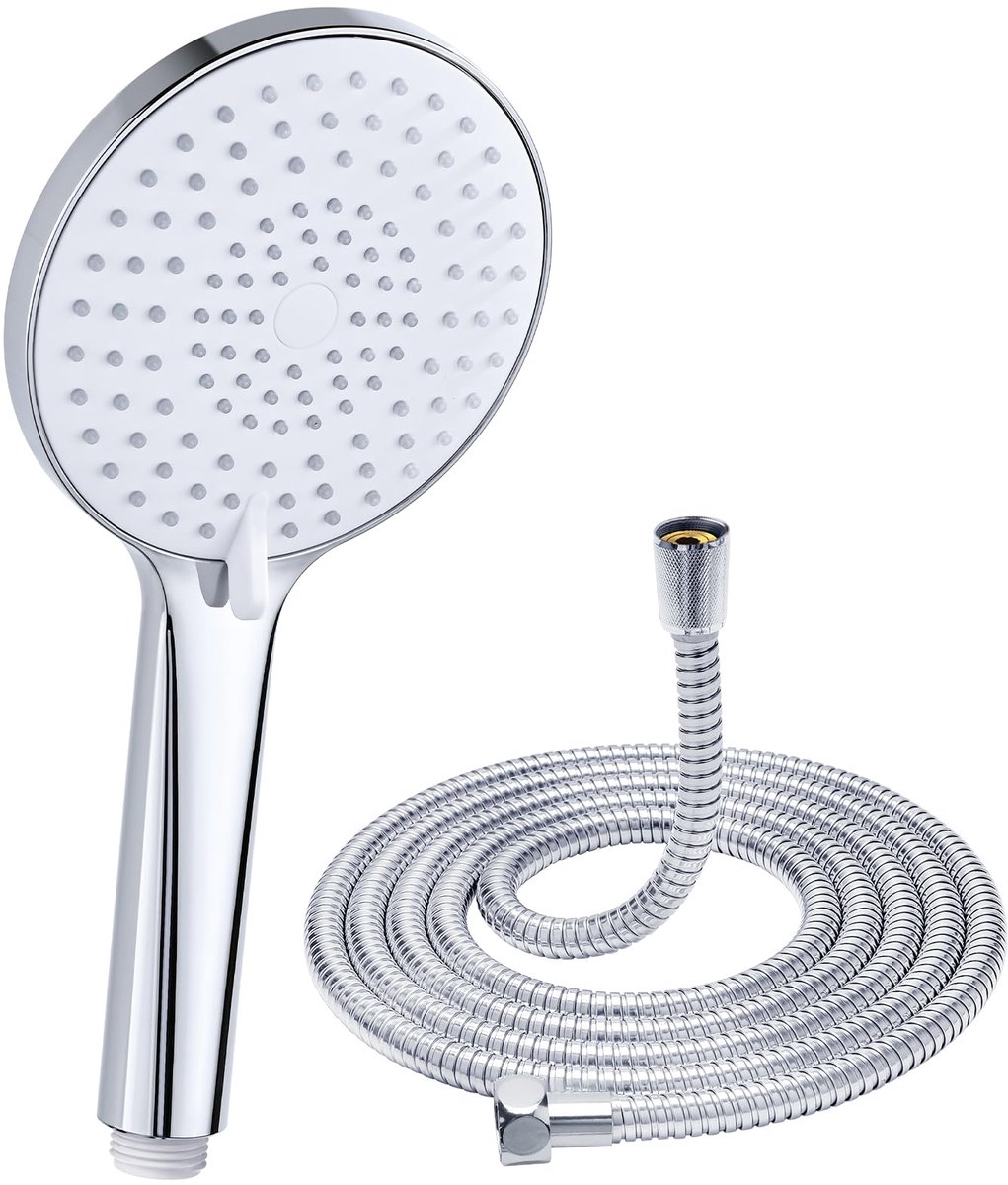 Famanu – Handdouche met 3 straalsoorten, ronde hogedruk douchekop van 120 mm, waterbesparende douchekop met slang