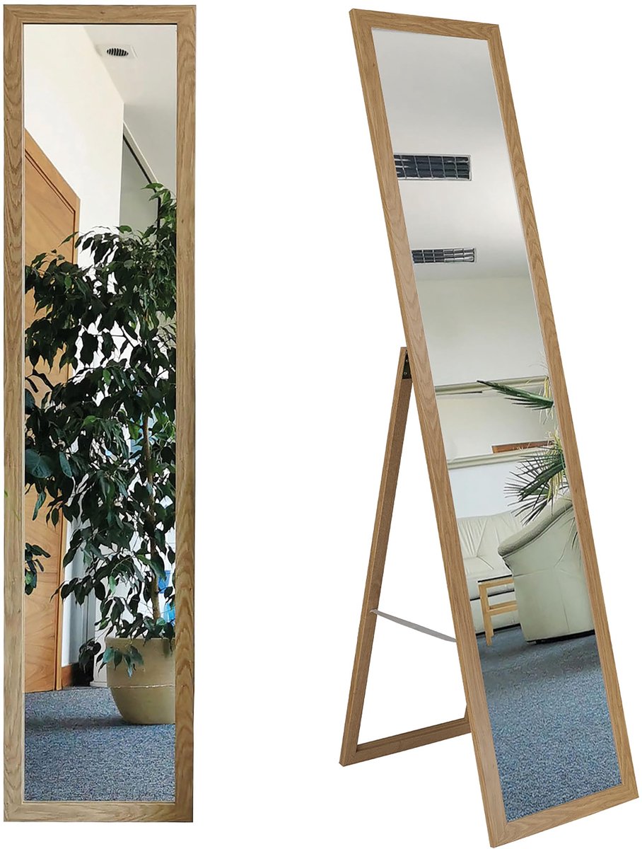 Famanu Staande aankleedspiegel in eiken, 155,8 x 35,8 cm, elegante spiegel voor de garderobe Zwart