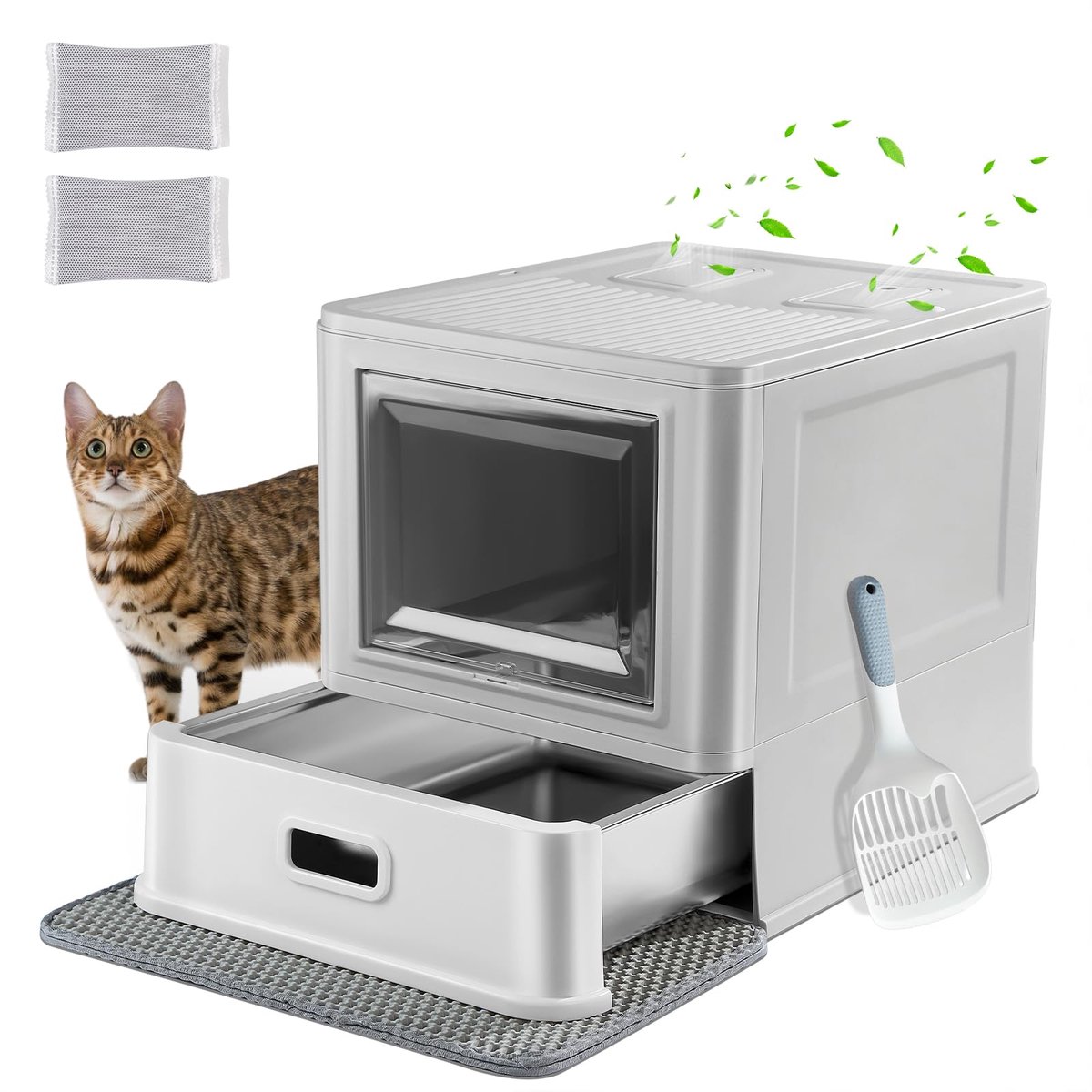 Famanu – Gesloten kattenbak van roestvrij staal met deksel en lade, XL formaat, anti-lek baffles, schep en mat, geurvrij Famanu – Gesloten kattenbak van roestvrij staal met deksel en lade, XL formaat, anti-lek baffles, schep en mat, geurvrij