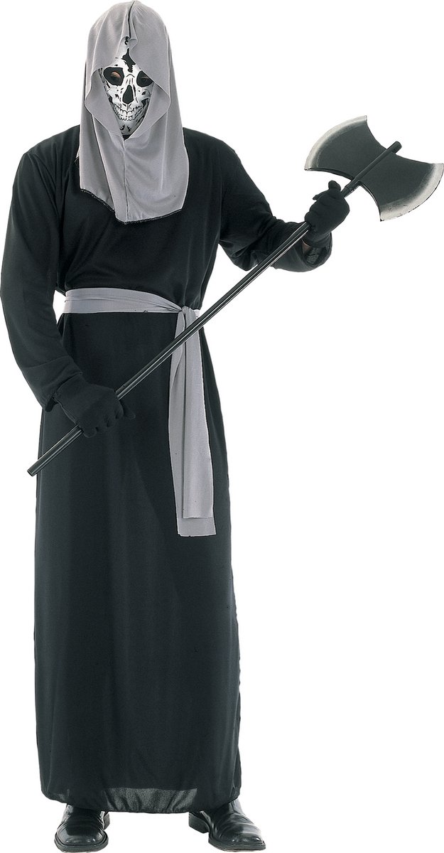 Joya Party® Magere Hein Kostuum Heren | Horror Verkleedpak Man | Zwarte Toga met Skelet Masker & Hoofdkap Grijs | Halloween Kostuum Mannen | Horror Kostuum | Maat L/XL