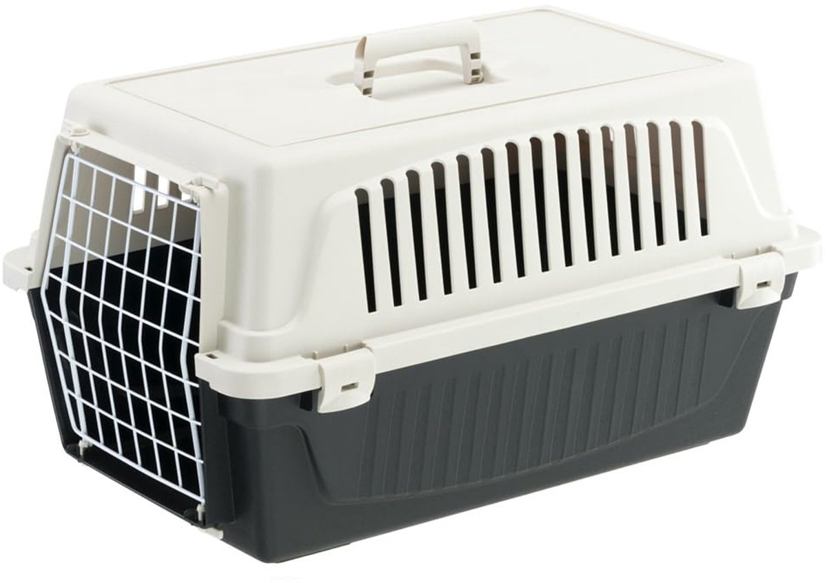 Famanu – Transportbox voor kleine honden en katten tot 8 kg, met gelamineerde ijzeren deur en ventilatiesleuven, 37 x 58 x 32 cm, zwart