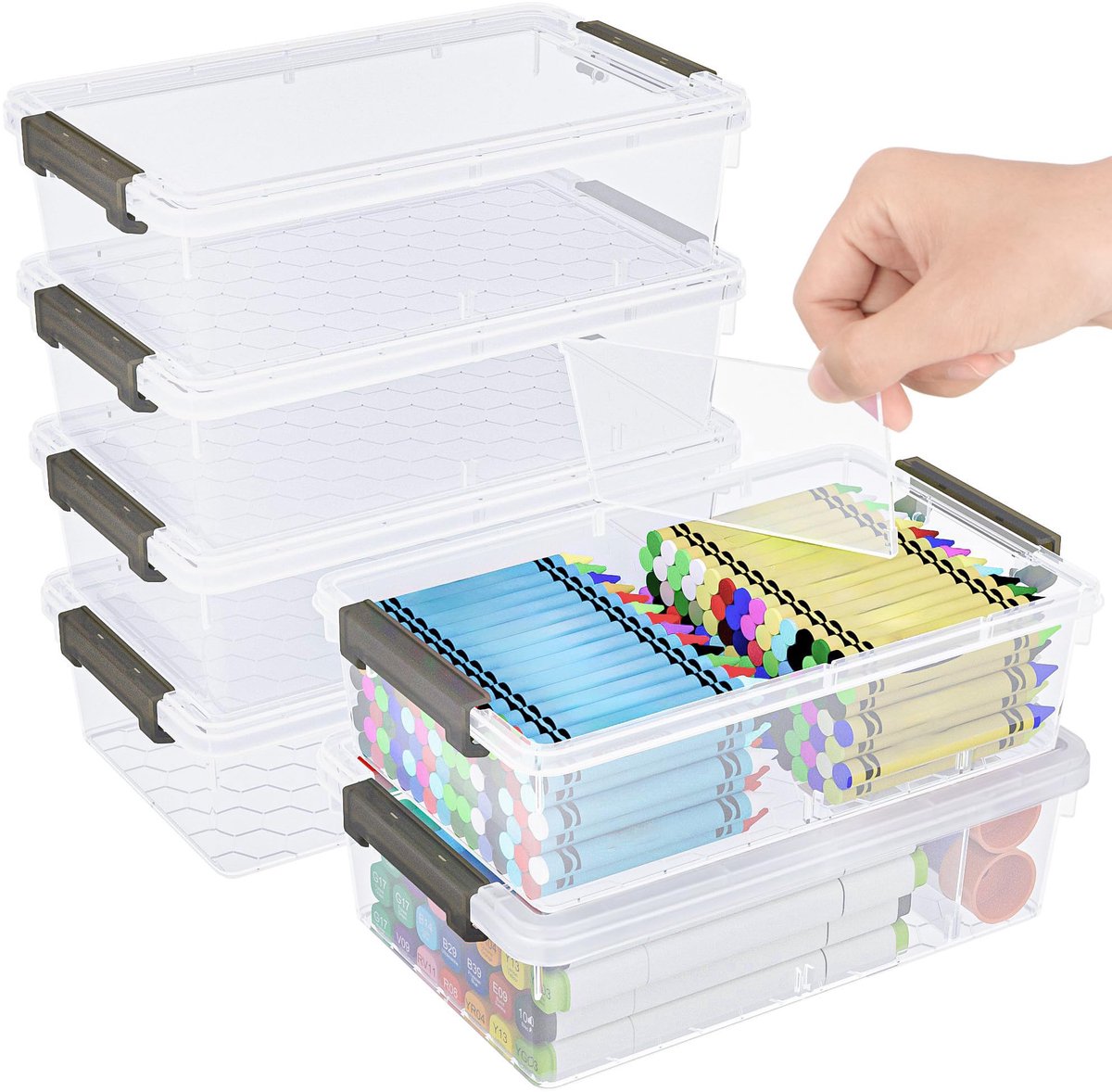 Famanu – Set van 6 extra grote pennenbakjes met verwijderbare verdelers, verdikte plastic etui, doorzichtige krijtopbergdoos, stapelbare markering, organizer containers met deksels voor pennen