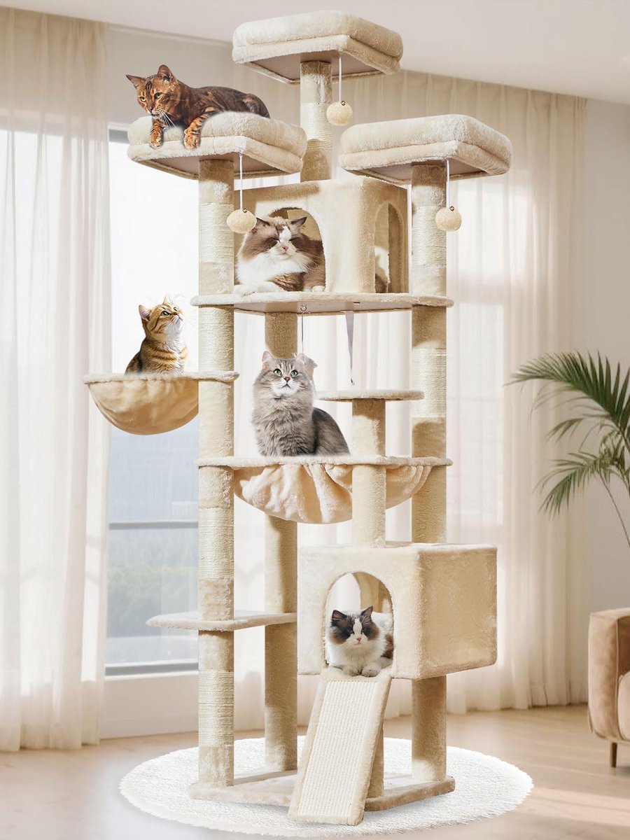 Famanu – Grote krabpaal voor katten van 193 cm met 7 krabpalen, 3 platforms, 2 ruime grotten, mand en hangmat, pluche ballen, beige