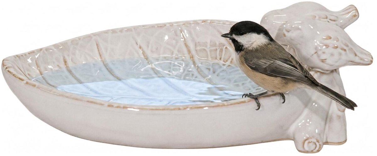 Mega Collections Vogelbad / voederschaal - wit - keramiek - 25 x 14 cm - drinkschaal voor tuinvogels