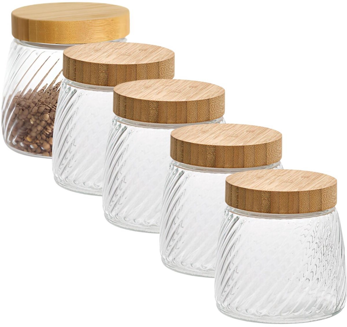 Voorraadpot Food Essentials Ventura - 5x - keuken - ribbel glas / bamboe - 0.9 liter - luchtdichte draaideksel - bewaarpotten - opslagpotten