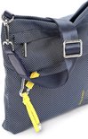 Detail van blauwe schoudertas met spikkelpatroon en gele keykoord, met 'SURI FREY' logo op de band.