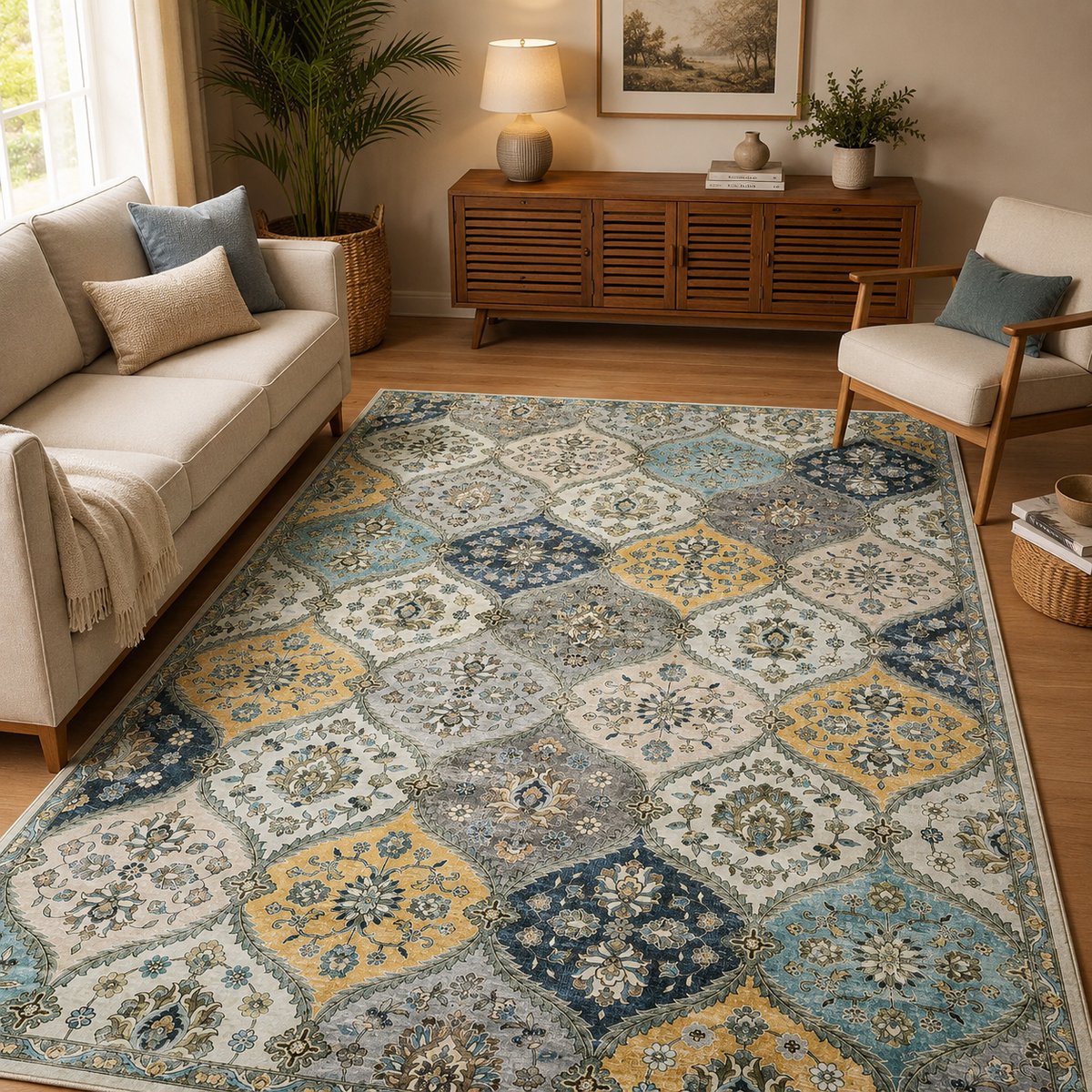 Vloerkleed 200x290 cm - Vintage Bloemruitpatroon - Laagpolig - Antislip - Wasbaar - Grijs/Geel