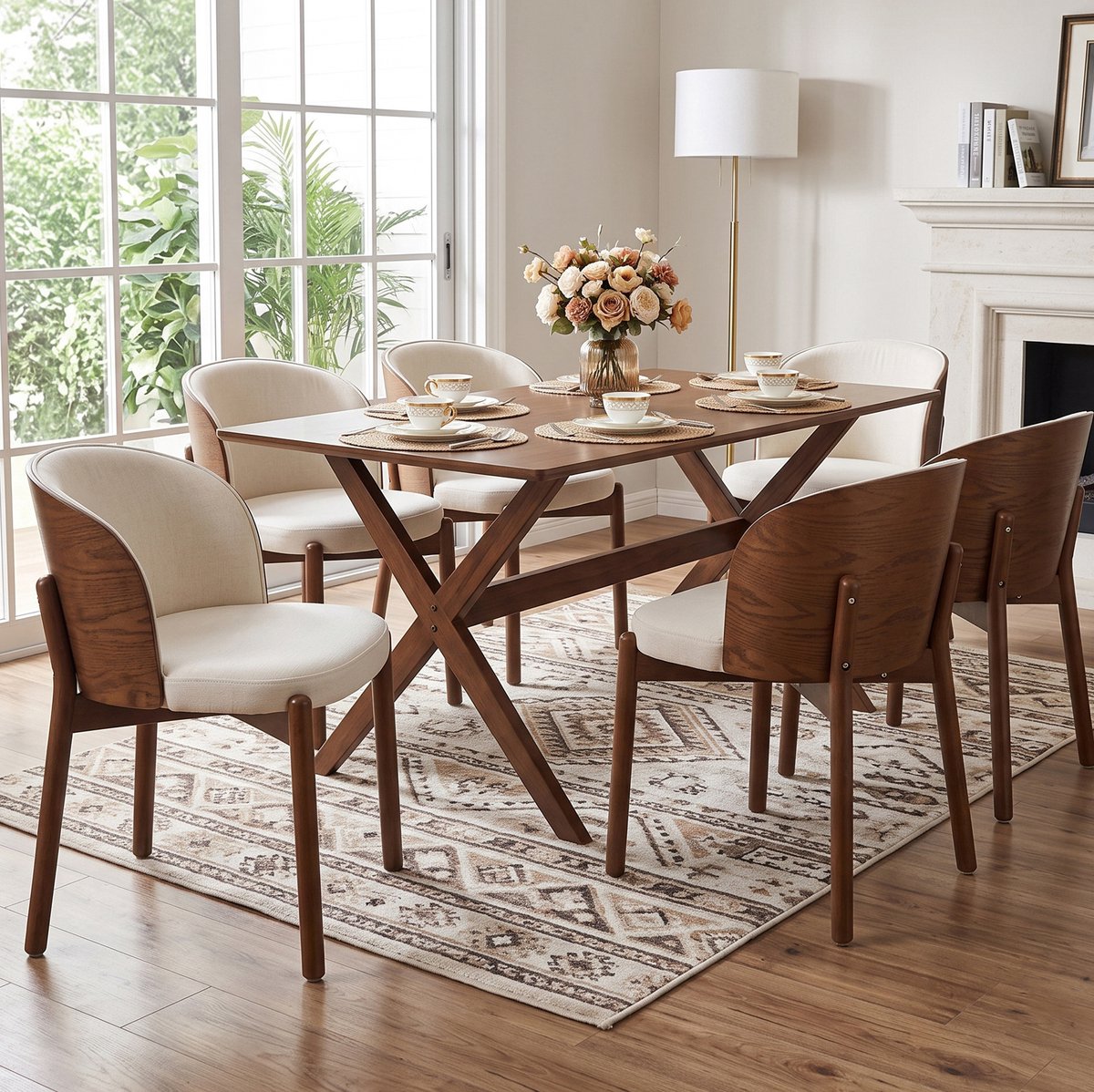 STILVORA Eetkamerstoel - Set van 4 - Gepolsterde Zitting en Omhullende Rugleuning - Voor Eetkamer en Woonkamer - Hout Beige Walnootkleur