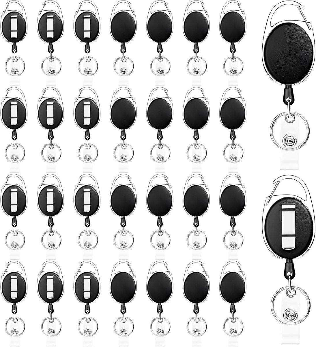 30 Stuks Badge Reel Intrekbaar, Badgehouder met Clip en 69 cm Koord, Zwart Zilver, voor ID Kaart, Sleutel, Kantoor - ShopVlot