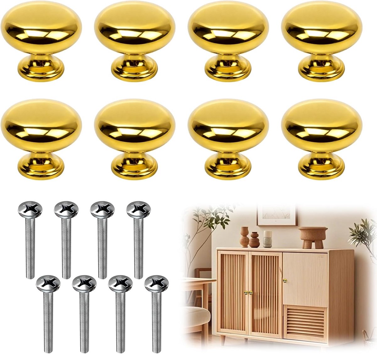 8 Pieces Drawer Knob, Round Furniture Knobs in Shiny Design, Cabinet Handles, Gold for Various Furniture, Drawer - ShopVlot