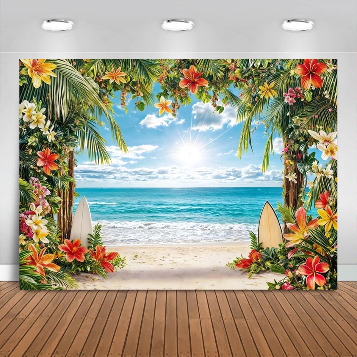 2,1 x 1,5 m achtergrond strand zomer Hawaiiaanse tropische bloem palmbladeren surfplank blauwe hemel oceaan fotografie - ShopVlot