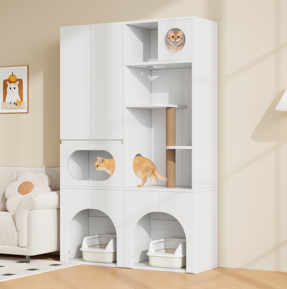 MODENUIT Krabmeubel - Kattenkast Met Krabpaal En Rustruimtes - Voor 2 Kattenbakken - MDF - Wit - 140x45x195 Cm