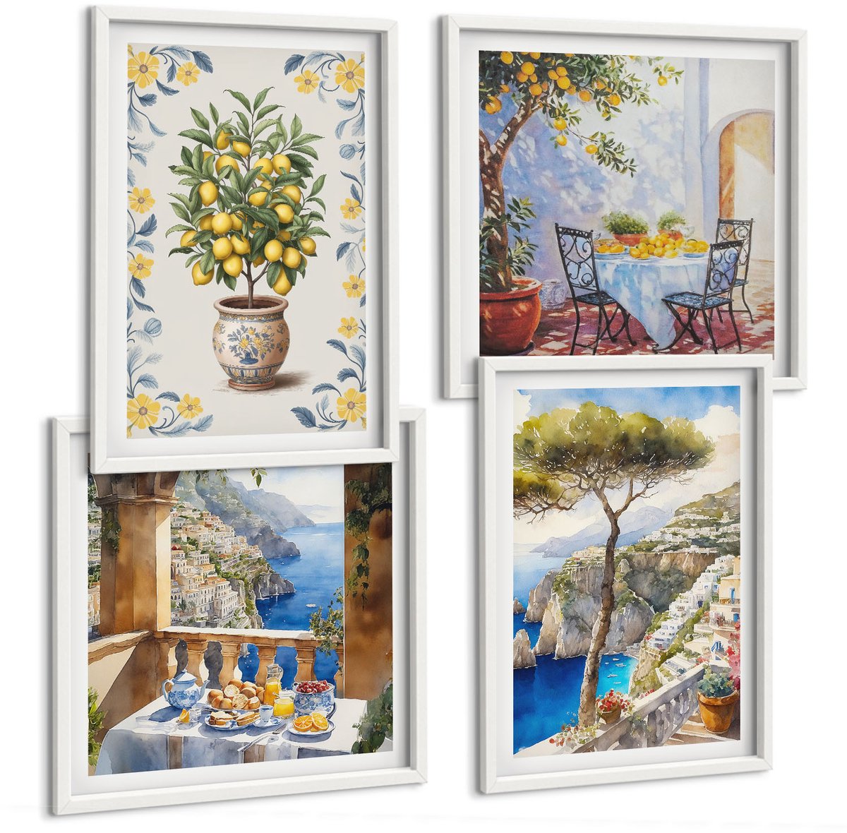 Tulup 4-Delige Schilderij Set - Zeegezicht met citroenbomen - Italiaanse schilderijen - 40x40 en 40x60 - Schilderijen Set - Wanddecoratie - Woonkamer - Stijlvolle Muurdecoratie